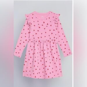 Girls’ Cotton Ruffle Sleeve Tiered Midi Dress Pink with Red Hearts 12–13 Years